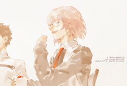 1boy 1girl black_hair cake cake_slice chair chaldea_uniform copyright_notice fate_(series) food fruit fujimaru_ritsuka_(male) jacket kalak_39 long_sleeves mash_kyrielight necktie open_clothes open_jacket pixiv_username purple_hair red_necktie short_hair smile strawberry strawberry_cake teeth twitter_username white_background