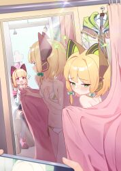 2girls absurdres animal_ear_headphones animal_ears bikini black_thighhighs blonde_hair blue_archive blue_bow blush bow cat_ear_headphones collarbone fake_animal_ears green_eyes hair_bow halo headphones highres indoors jacket unworn_jacket long_sleeves looking_at_another looking_back midori_(blue_archive) mirror momoi_(blue_archive) multiple_girls navel open_mouth pink_bow pink_eyes reflection siblings side-tie_bikini_bottom sisters sitting swimsuit thighhighs white_bikini white_jacket whonyang