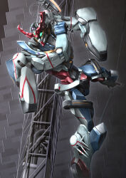 absurdres blue_eyes cable commentary_request gquuuuuux gundam gundam_gquuuuuux hayatefseiei heat_hawk highres machinery mecha mecha_focus mobile_suit no_humans realistic robot science_fiction shield solar_panel space v-fin zero_gravity