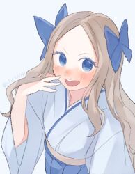 1girl asakaze_(kancolle) blue_bow blue_eyes blue_hakama blue_kimono bow brown_hair forehead hair_bow hakama japanese_clothes kantai_collection kimono meiji_schoolgirl_uniform one-hour_drawing_challenge open_mouth parted_bangs round_teeth simple_background smile solo suppaman_(rfjy) teeth upper_body upper_teeth_only wavy_hair white_background