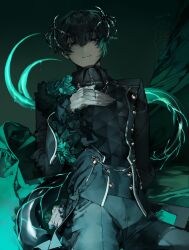 1boy aqua_theme barbatos_(obey_me!) black_background black_hair black_jacket black_pants closed_mouth coattails collar_chain_(jewelry) collared_shirt cowboy_shot demon_boy frilled_sleeves frills gloves gradient_background gradient_hair green_background green_eyes green_hair hair_between_eyes head_wings highres jacket kazanniro light_smile looking_at_viewer male_focus multicolored_hair obey_me!:_one_master_to_rule_them_all! pants shirt short_hair signature skeletal_wings solo tail wet_tail white_gloves wings