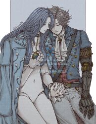 artist_name black_hair blue_hair closed_eyes collar doll_joints hair_over_breasts highres holding_hands imawa315 jacket joints long_hair mechanical_arms navel no_pussy open_clothes open_jacket parted_bangs pinocchio_(lies_of_p) sleeping sophia_monad watermark