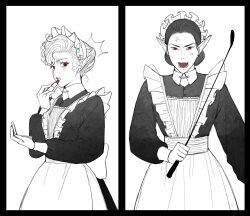 2girls applying_lipstick applying_makeup apron astarion baldur&#039;s_gate baldur&#039;s_gate_3 black_dress black_hair cazador_szarr dress dungeons_&amp;_dragons dungeons_&amp;_dragons genderswap genderswap_(mtf) golf_club highres holding holding_golf_club ichijo_(cyxxx123) lipstick long_sleeves maid maid_headdress makeup multiple_girls red_eyes red_lips side_part spot_color white_background white_hair