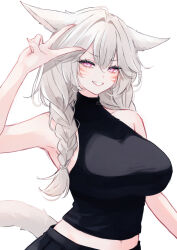 1girl absurdres animal_ears bare_shoulders black_shirt braid cat_ears cat_girl cat_tail facial_mark final_fantasy final_fantasy_xiv grey_hair highres looking_at_viewer midriff miqo&#039;te navel pink_eyes sana_(sanamaru_0w0) shirt signature sleeveless sleeveless_shirt solo tail twin_braids upper_body v warrior_of_light_(ff14) whisker_markings white_background