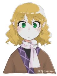 Rule 34 | 1girl, artist name, blonde hair, blush, brown shirt, closed mouth, green eyes, looking at viewer, mizuhashi parsee, pointy ears, scarf, shirt, short hair, simple background, solo, takeomi (shitamatsuge), touhou, upper body, white background, white scarf