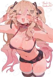 1girl bare_shoulders black_shorts blonde_hair blush bow breasts bunchi cleavage collar commentary crop_top double_v hair_bow hair_ornament hairclip half-closed_eyes hands_up highres large_breasts long_hair looking_at_viewer navel open_mouth original pink_eyes short_shorts shorts simple_background solo standing stomach thighhighs v v_over_eye white_background x_hair_ornament
