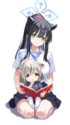2girls aged_down alternate_costume animal_ear_fluff animal_ears black_hair blue_archive blue_halo book breasts brown_eyes china_dress chinese_clothes collared_shirt dress extra_ears green_eyes grey_hair halo highres holding holding_book jamgom kokona_(blue_archive) large_breasts long_hair multicolored_hair multiple_girls open_book peroro_(blue_archive) ponytail seiza shirt short_sleeves shun_(blue_archive) siblings sisters sitting sitting_on_person size_difference smile streaked_hair tiger_ears tiger_girl very_long_hair white_shirt