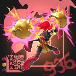 absurdres armarouge armor artist_name character_name colored_skin eye_trail fiery_hair full_body gold_armor highres light_trail nintendo pokemon pokemon_(creature) qr_code red_eyes red_hair red_skin shoulder_armor solo zealmaker
