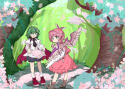 Rule 34 | 2girls, animal ears, antennae, bird ears, bird wings, black shorts, blush, boots, brown footwear, brown socks, collared shirt, commentary, dress, earrings, flower, frilled dress, frills, green eyes, green hair, hat, highres, jewelry, juliet sleeves, long sleeves, multiple girls, mystia lorelei, petals, pink dress, pink flower, pink hair, pink hat, pink wings, puffy sleeves, red footwear, sample watermark, shirt, shirt basket, short hair, shorts, single earring, socks, symbol-only commentary, tatutaniyuuto, touhou, watermark, white shirt, white socks, winged footwear, winged hat, wings, wriggle nightbug