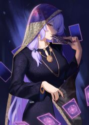 1girl baju_kurung black_shirt black_swan_(honkai:_star_rail) breasts card fikkyun floral_print highres honkai:_star_rail honkai_(series) jewelry long_hair looking_at_viewer malaysian_clothes nail_polish necklace patterned_clothing purple_background purple_hair purple_veil shaded_face shirt solo veil yellow_eyes