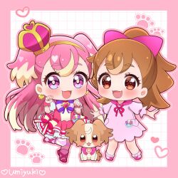 Rule 34 | 2girls, absurdres, animal, blonde hair, brown eyes, brown hair, chibi, chibi only, cure wonderful, dog, dress, full body, highres, inukai komugi, inukai komugi (dog), looking at viewer, multicolored hair, multiple girls, paw print, pink dress, pink hair, precure, purple eyes, two-tone hair, umiyuki (umi chu), wonderful precure!