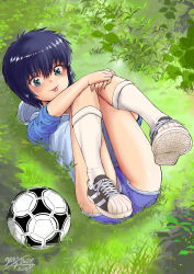 Rule 34 | 1girl, :p, absurdres, ayukawa madoka, ball, black hair, female focus, grass, highres, hood, hoodie, kimagure orange road, looking at viewer, lying, nature, on back, on ground, outdoors, shoes, short hair, short shorts, shorts, signature, soccer ball, socks, solo, takahashi note, tomboy, tongue, tongue out