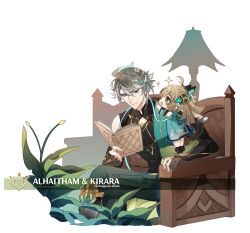 Rule 34 | 1boy, 1girl, ahoge, akademiya uniform, alhaitham (genshin impact), animal feet, book, bow, brown hair, cable, cape, cat feet, cat girl, cat tail, character name, chest jewel, chibi, coat, colored inner hair, compression shirt, covered abs, crossed legs, gem, genshin impact, gloves, green eyes, green gemstone, green hair, grey hair, hair between eyes, hair bow, hair ornament, hand rest, headphones, headwear switch, highres, holding, holding book, kirara (genshin impact), kurogawa shion, light smile, looking at another, multicolored hair, multiple tails, nekomata, open book, pants, parted lips, partially fingerless gloves, shirt, short hair, sitting, sleeveless, sleeveless coat, smile, sparkle, standing, tail, toned, toned male, two-tone hair, two tails