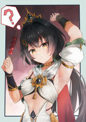 1girl :t absurdres arm_up armpits bare_shoulders black_hair blue_border border breasts chinese_clothes choker clothing_cutout commentary_request detached_sleeves eating hair_between_eyes hand_up headpiece highres holding holding_skewer honkai:_star_rail honkai_(series) long_hair looking_at_viewer low_twintails minamo_(edosei_edo) outside_border short_sleeves simple_background skewer solo stomach_cutout tanghulu twintails upper_body white_sleeves yellow_eyes yunli_(honkai:_star_rail)