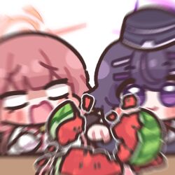 2girls aru_(blue_archive) blue_archive blush_stickers bugi_33 chibi chibi_only food fruit halo haruka_(blue_archive) multiple_girls speech_bubble table thought_bubble watermelon white_background
