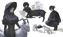 1girl 2boys androgynous animal animal_ears black_capelet black_dress black_footwear black_fur black_hair black_headwear black_horns black_pants bonnet book capelet centauroid cindymeimezu closed_eyes closed_mouth collared_capelet collared_dress commentary cowboy_shot cross crossed_arms dress frilled_sleeves frills full_body goat goat_boy goat_ears goat_horns goat_tail grey_horns hair_over_one_eye hand_on_own_cheek hand_on_own_face hands_on_own_face head_rest high_collar highres holding holding_book hooves horns inverted_cross juliet_sleeves long_hair long_sleeves monster_boy mouth_hold multiple_boys multiple_views open_mouth original pants puffy_long_sleeves puffy_sleeves short_hair simple_background sitting smile speech_bubble squatting stalk_in_mouth symbol-only_commentary taur unworn_headwear white_background white_fur