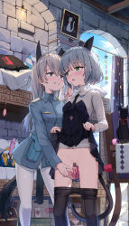 2girls absurdres animal_ears ball_gag bar_censor black_necktie black_pantyhose blazer blue_hair blush breasts cat_ears cat_girl cat_tail censored clothes_lift clothes_pull cloud collared_shirt day dildo egg_vibrator eila_ilmatar_juutilainen epaulettes fox_ears fox_girl fox_tail gag green_eyes grey_hair grin highres indoors jacket liclac lifting_own_clothes long_hair looking_at_another looking_to_the_side mixed-language_commentary multiple_girls necktie object_insertion open_mouth pantyhose pantyhose_pull pleated_skirt pouch purple_eyes sanya_v._litvyak sex_toy shirt skirt skirt_lift sky small_breasts smile standing strike_witches strike_witches:_aurora_no_majo strike_witches:_suomus_misfits_squadron tail teeth vaginal vaginal_object_insertion very_long_hair vibrator white_pantyhose white_shirt world_witches_series yuri