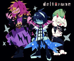 Rule 34 | animal ears, aqua skin, blue skin, colored skin, colored teeth, colored tips, deltarune, fingerless gloves, gloves, goat boy, goat ears, green-framed eyewear, hair over eyes, highres, horns, kris (dark world) (deltarune), kris (deltarune), kris (lightners live) (deltarune), mohawk, multicolored hair, nikorashi-ka, pink horns, purple hair, ralsei (lightners live), reptile girl, silver chain, skull belt, sleeveless vest, sparkling clothes, streaked hair, susie (dark world) (deltarune), susie (deltarune), susie (lightners live) (deltarune), white fur, white streaks, yellow teeth