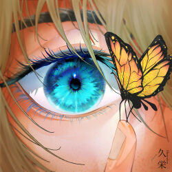 1boy artist_name blonde_hair blue_eyes bug butterfly eye_focus fate/grand_order fate_(series) hair_between_eyes highres hisaeki insect oberon_(fate) solo