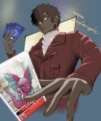 1boy brown_hair brown_jacket card character_name dark-skinned_male dark_skin digimon digimon_card_game digimon_liberator elizamon highres holding holding_card jacket male_focus mas_square owen_dreadnought pink_scales short_hair smug solo trading_card upper_body