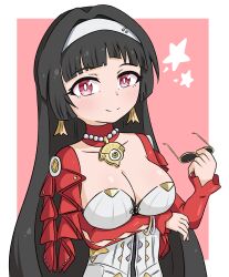 1girl astra_yao black_hair blush breasts closed_mouth collar dress female_focus glasses jua long_hair looking_at_viewer medium_breasts nose pink_background red_eyes smile solo star_(symbol) zenless_zone_zero