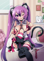 Rule 34 | 1girl, :3, ;3, animal ear headphones, animal ears, asymmetrical legwear, bad id, bad pixiv id, beatmania iidx, bed, belt, bemani, black footwear, blush, bra, breasts, breasts out, cat ear headphones, cat tail, cat teaser, cushion, fake animal ears, fang, female focus, hair between eyes, head tilt, headphones, indoors, kei s01, kneehighs, long hair, looking at viewer, medium breasts, mismatched legwear, mizushiro celica, mizushiro celica (punk cat), necktie, nipples, on bed, one eye closed, parted lips, picture frame, pillow, plaid bra, plaid clothes, plant, potted plant, purple eyes, purple hair, red bra, see-through clothes, shelf, sitting, socks, solo, sparkle, striped clothes, striped socks, striped thighhighs, tail, thighhighs, twintails, underwear, undressing, very long hair, window