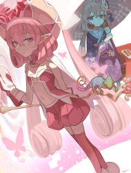1girl absurdres animal cape chameleon elf flower food hat highres japanese_clothes jewelry kimono long_hair navel necklace neneka_(new_year)_(princess_connect!) neneka_(princess_connect!) oil-paper_umbrella pink_eyes pink_hair pointy_ears princess_connect! shorts tyaui_(xjju4435) umbrella very_long_hair