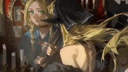 Rule 34 | 1girl, absurdres, black dress, black hood, blonde hair, blue capelet, braid, candle, candlestand, capelet, choker, detached hood, different reflection, dress, dungeon meshi, ear covers, elf, falin touden, fur-trimmed dress, fur trim, glaw, green eyes, highres, holding, holding staff, laios touden, long hair, low twin braids, marcille donato, marcille donato (lord), mirror, painting (object), pointy ears, red choker, reflection, staff, twin braids