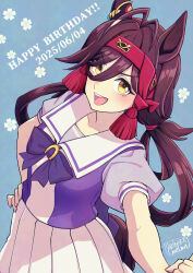 1girl adversarial_noise animal_ears antenna_hair blue_background bow bowtie brown_hair clenched_hand dated hair_rings hand_on_own_hip happy_birthday headband hi_(ibisf5umauma) highres horse_ears long_hair no_reason_(umamusume) open_mouth outstretched_arm puffy_short_sleeves puffy_sleeves purple_shirt sailor_collar school_uniform shirt short_sleeves skirt solo tracen_school_uniform twitter_username umamusume v-shaped_eyebrows white_skirt yellow_eyes