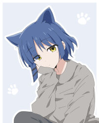 1girl animal_ears blue_hair bocchi_the_rock! cat_ears closed_mouth crossed_legs elbow_rest grey_pants grey_shirt hand_on_own_cheek hand_on_own_face hand_up head_rest kakiuchi_itsuki long_sleeves looking_at_viewer mole mole_under_eye neck outline pants paw_print paw_print_background shirt short_hair simple_background sitting sleeves_past_fingers sleeves_past_wrists solo upper_body white_outline yamada_ryo yellow_eyes