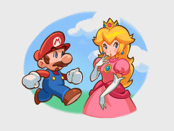1boy 1girl :o big_nose blonde_hair blue_brooch blue_eyes blue_gemstone blue_overalls blue_sky blush_stickers brown_hair brown_shoes clenched_hands cloud colored_lineart cowboy_shot day dot_nose dress earrings elbow_gloves facial_hair facing_viewer full_body gem gloves hand_up hat jewelry long_hair looking_ahead looking_to_the_side mario mario_(series) mustache nintendo open_mouth outdoors overalls parted_lips pink_dress pink_gemstone pink_lips princess_peach puffy_short_sleeves puffy_sleeves red_hat shoes short_male short_sleeves sideburns sky sphere_earrings standing walking wavy_hair white_background white_gloves zompycat