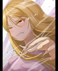 1girl absurdres barasen blonde_hair blush grimace hair_between_eyes hidaka_koharu high_score_girl highres long_hair motion_blur pink_shirt shirt solo tearing_up upper_body