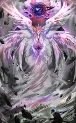 1boy 1other androgynous angel black_hole blue_halo blurry blurry_background boss_fight chain closed_mouth colored_skin commentary commentary_request concept_art debris depth_of_field energy_ball english_commentary fantasy feathered_wings gold_chain gold_headwear gold_helmet grey_background halo highres mixed-language_commentary mixed-language_text multiple_wings original seraph solo_focus taketa umbrakinesis weapon_request white_skin white_wings wings