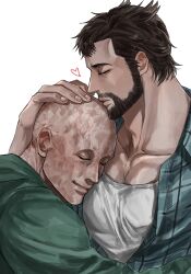 2boys absurdres bald bara beard brown_hair closed_eyes closed_mouth collared_shirt couple deadpool deadpool_&amp;_wolverine deadpool_(series) facial_hair hand_on_another&#039;s_head heart highres immjb5x8u9akn7a kiss large_pectorals male_focus marvel marvel_cinematic_universe multiple_boys muscular muscular_male pectorals scar shirt short_hair simple_background white_background wolverine_(x-men) x-men yaoi