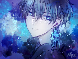 1boy black_kimono blue_background blue_eyes blue_theme closed_mouth commentary dated earclip earrings eyes_visible_through_hair flower_earrings grey_hair hair_between_eyes highres japanese_clothes jewelry kimono light_particles looking_at_viewer male_focus matsunaka_hiro original portrait short_hair signature solo