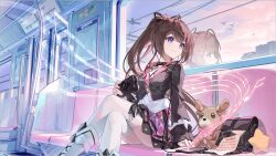 1girl absurdres agari_raburi bag beamed_eighth_notes bird black_bag black_jacket blue_eyes boots brown_hair building camera colored_inner_hair crossed_legs feet_out_of_frame gradient_sky highres holding holding_camera jacket looking_afar looking_outside multicolored_hair musical_note musical_staff pink_hair pink_skirt pink_sky plaid_clothes plaid_skirt ponytail project-sp purple_sky qianze_chia reflection shirt sitting skirt sky stuffed_animal stuffed_star stuffed_toy thighhighs thighs train_interior virtual_youtuber white_boots white_shirt white_thighhighs