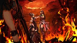 3girls absurdres agent_(girls&#039;_frontline) armband asphyxiation assault_rifle black_gloves black_hair black_skirt blood blood_stain chinese_text clothes_around_waist double_bun english_text finger_on_trigger fire from_above from_behind from_below garter_straps girls&#039;_frontline gloves gun hair_between_eyes hair_bun hand_on_another&#039;s_neck headphones highres holding holding_gun holding_weapon indoors infukun injury jacket jacket_around_waist knee_pads long_hair m16 m16a1 m16a1_(girls&#039;_frontline) m4a1_(girls&#039;_frontline) maid maid_headdress multicolored_hair multiple_girls neck_grab official_art page_number photoshop_(medium) rifle ruins sangvis_ferri scan skirt strangling streaked_hair tagme thigh_strap third-party_source torn_clothes translation_request very_long_hair weapon