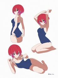 absurdres amate_yuzuriha armpits arms_up ass back bare_shoulders blue_eyes breasts edgar_syu gundam gundam_gquuuuuux highres looking_at_viewer one-piece_swimsuit red_hair school_swimsuit sideboob sitting swimsuit thighs twitter_username
