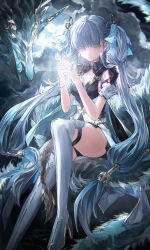 1girl absurdres black_collar black_dress bow breasts bright_pupils closed_mouth collar colored_eyelashes commentary_request dragon dress earrings eastern_dragon hair_bow highres jewelry jinhsi_(wuthering_waves) jue_(wuthering_waves) long_hair looking_at_viewer medium_breasts two_side_up very_long_hair white_bow white_eyelashes white_eyes white_pupils wuthering_waves zadun