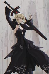 Rule 34 | 1girl, artoria pendragon (fate), black choker, black dress, blonde hair, braid, breasts, choker, cleavage, clothing cutout, dress, excalibur morgan (fate), fate/stay night, fate (series), hair bun, hair ribbon, highres, holding, long sleeves, looking at viewer, medium breasts, puffy sleeves, ribbon, saber alter, saber alter (third ascension), short hair, sidelocks, single hair bun, solo, sword, thighhighs, weapon, yellow eyes, zoekiel feux3538