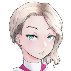 1girl aqua_eyes asymmetrical_hair blonde_hair commentary frown gwen_stacy marvel portrait sidecut solo spider-gwen spider-man:_into_the_spider-verse spider-man_(series) spider-verse takeomi_(shitamatsuge) undercut