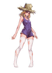 1girl absurdres bare_shoulders blonde_hair blush breasts brown_hat chinese_commentary closed_mouth covered_erect_nipples covered_navel dress expressionless eyelashes full_body hair_ribbon hat highres lips looking_at_viewer medium_hair morinosuke moriya_suwako purple_dress red_ribbon ribbon shirt short_dress simple_background small_breasts solo standing thighhighs thighs torn_clothes torn_thighhighs touhou white_background white_thighhighs zettai_ryouiki