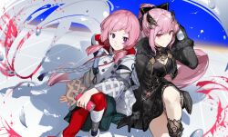 2girls arched_bangs arm_support black_corset black_jacket black_ribbon black_skirt blue_eyes bokyo commentary_request corset cropped_jacket feet_out_of_frame fur-trimmed_jacket fur_trim hair_ornament hair_ribbon holding_spray_can hololive hololive_english hood hood_down jacket kaf_(kamitsubaki_studio) kamitsubaki_studio long_hair looking_at_viewer low_twintails mori_calliope mori_calliope_(grimoire) multicolored_eyes multiple_girls official_art pants pink_hair ponytail red_eyes red_pants ribbon second-party_source sitting skirt smile spray_can spray_paint twintails two-sided_fabric very_long_hair virtual_youtuber white_jacket wide_sleeves
