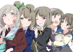 belt blue_eyes bow bowtie brown_hair buckle buttons ceras_yanagida_lilienfeld collared_shirt crossover dot_nose dress dress_shirt finger_to_mouth genjitsu_no_yohane goggles grey_hair hair_ornament hand_up hasu_no_sora_school_uniform hat highres hug in-franchise_crossover jacket link!_like!_love_live! long_hair long_sleeves love_live! love_live!_nijigasaki_high_school_idol_club love_live!_school_idol_project love_live!_sunshine!! minami_kotori multicolored_eyes multicolored_hair multiple_girls nakasu_kasumi neck_ribbon necktie nesoberi nijigasaki_school_uniform ninagawa_jin nose one_eye_closed open_mouth otonokizaka_school_uniform ponytail purple_eyes red_eyes ribbon sailor_collar school_uniform serafuku shirt short_hair shorts shushing simple_background streaked_hair stuffed_toy tang_keke tongue tongue_out uranohoshi_school_uniform watanabe_you wavy_hair white_background white_hair winter_uniform yellow_eyes you_(genjitsu_no_yohane) yuigaoka_school_uniform