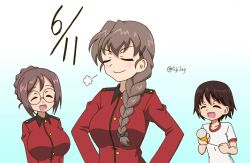 10_ji_lay 3girls black_ribbon blue_background braid braided_bun breasts brown_hair closed_eyes dated flat_chest fork girls_und_panzer glasses gradient_background hair_bun hair_ornament hairpin hands_on_own_hips holding holding_fireworks holding_fork jacket large_breasts long_braid long_hair long_sleeves multiple_girls nilgiri_(girls_und_panzer) open_mouth red_jacket ribbon round_eyewear rukuriri_(girls_und_panzer) shirt short_sleeves smile smug st._gloriana&#039;s_military_uniform upper_body white_shirt
