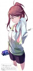 1girl ahoge bike_shorts black_shorts bottle brown_hair commentary_request gotou_akira_(love_live!) green_eyes green_jacket highres holding holding_bottle ikizulive!_love_live!_bluebird jacket love_live! multicolored_jacket parted_lips partially_unzipped ponytail shirt shorts signature solo sweat towel water_bottle watermark white_background white_jacket white_shirt yatoroku