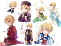 1boy alternate_costume arm_up black_gloves black_hair blonde_hair blowing_kiss blue_sailor_collar chibi closed_mouth crown ensemble_stars! fingerless_gloves fur-trimmed_jacket fur_trim gloves green_eyes hair_between_eyes highres houndstooth index_finger_raised jacket long_sleeves looking_at_viewer male_focus middle_finger mini_crown multiple_views neckerchief one_eye_closed open_clothes open_jacket open_mouth outstretched_arm red_jacket red_neckerchief sailor_collar shiratori_aira_(ensemble_stars!) shirt short_hair simple_background sleeveless sleeveless_shirt smile tailcoat tamano_mayo v white_background white_gloves white_jacket