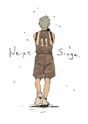 Rule 34 | 1boy, armband, bare shoulders, basketball uniform, black armband, black shorts, blue hair, commentary request, confetti, english text, facing away, from behind, full body, highres, kuroko no basuke, kuroko tetsuya, male focus, ryo (piggerworld), shoes, short hair, shorts, sleeveless, sneakers, solo, sportswear, walking, white background, white shoes