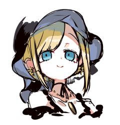 1girl alice_lendrott bare_shoulders black_choker black_hat black_ribbon blonde_hair blue_eyes bonnet c: choker closed_mouth collarbone cropped_shoulders cross cross_earrings dot_nose earrings eyes_visible_through_hair frills hat jewelry looking_at_viewer mob_cap necklace parted_bangs pendant portrait ribbon ribbon_choker shinigami_bocchan_to_kuro_maid simple_background sketch smile solo stud_earrings sukima_(crie) white_background