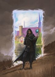 1boy absurdres black_boots black_cloak black_hair black_jacket black_pants boots cloak fantasy grass grey_sky highres house jacket looking_at_viewer magic nikita_kapitunov orb original pants portal_(object) sky solo standing
